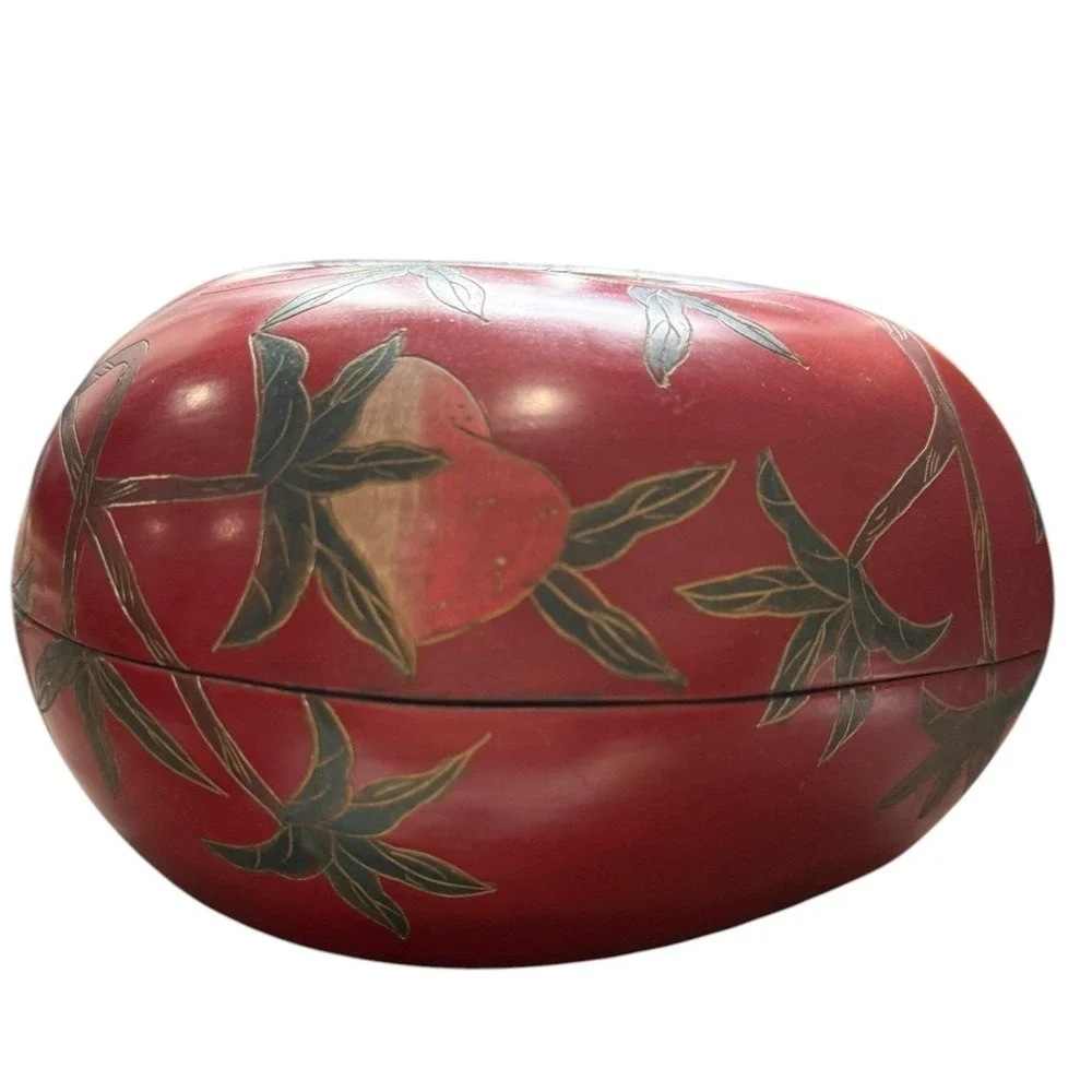Vintage‎ Japanese Red Lacquer Box Floral Trinket Bowl Lidded Wood Decor